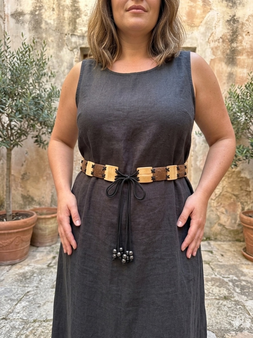 Boho Chic Natural Coconut Shell Tile Beaded Tie Waist Belt With Wood Accents - Picture 10 of 10